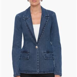 Bagatelle Denim Blazer WMNS M Dark Wash One Button Tailored Stretch Notch Collar